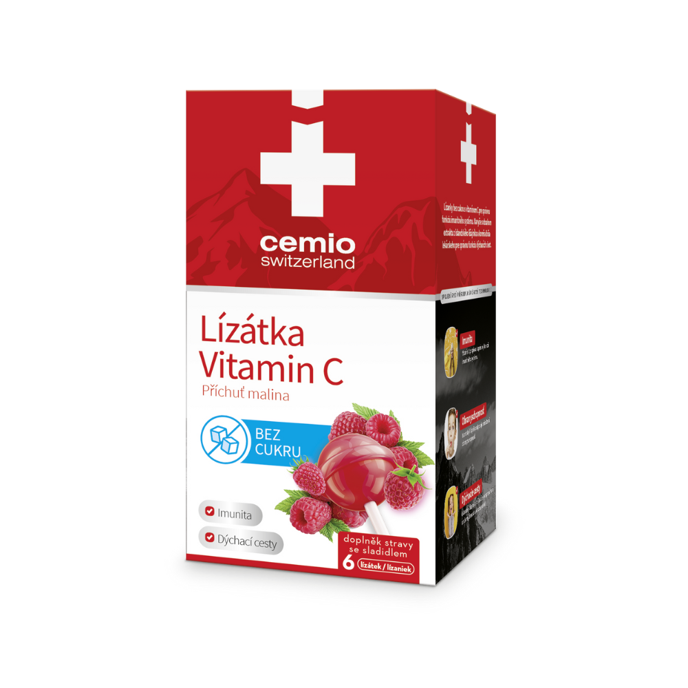 Levně Cemio malinová lízátka s vitaminem C, bez cukru, 6 kusů